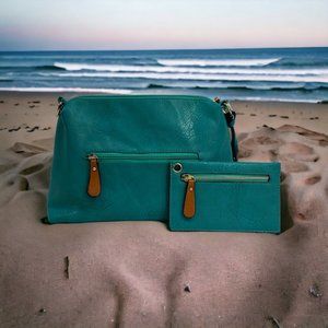 Teal Turquoise Shoulder Strap Purse Tote Bag, 2 small flaws shown in 3rd image